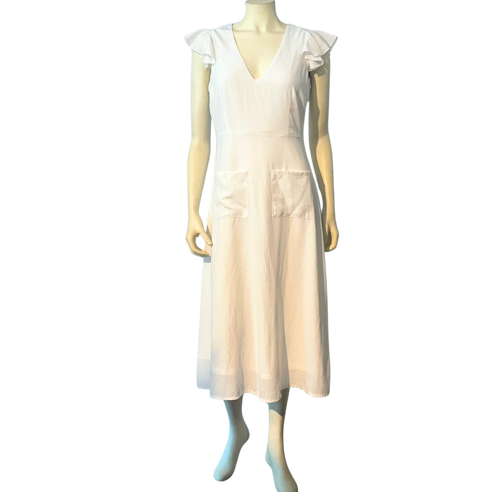 Nasty Gal Sz 8 A-Line Midi Dress Deep VNeck Flutter Sleeve Pockets White Cottage